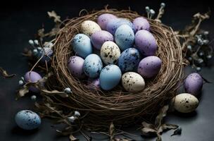 AI generated a nest full of easter eggs on a grey background photo