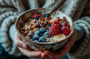 AI generated a person holding up a bowl with fruit and nuts photo