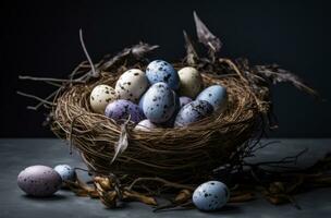 AI generated a nest full of easter eggs on a grey background photo