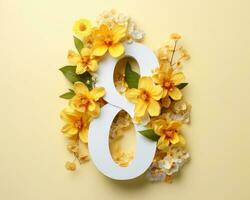AI generated a number eight in yellow flowers behind it photo
