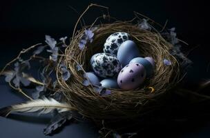AI generated a nest full of easter eggs on a grey background photo