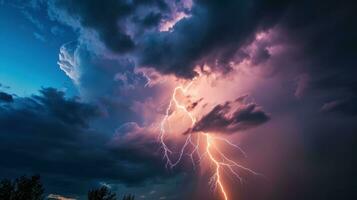 AI generated lightning strikes against the dark cloudy sky photo