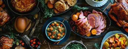 ai generado un mesa de Pascua de Resurrección alimento, incluso jamón, panqueques foto