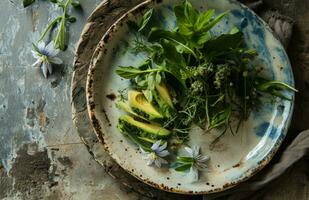 AI generated a plate is decorated with avocado and greens photo