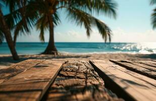 AI generated a wooden table on the beach in front of a palm tree photo