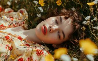 AI generated a woman is laying on the grass wearing some flowers photo