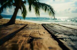 AI generated a wooden table on the beach in front of a palm tree photo