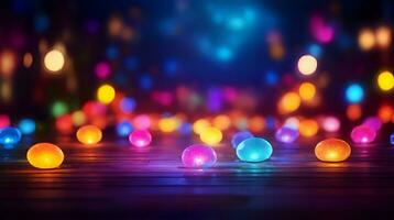 AI generated Colorful bubble lights on the floor on the colorful background of night light photo