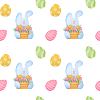 Cute Easter bunny with basket of flowers, Easter colored eggs. children s watercolor seamless pattern on transparent background. Happy Easter Greeting card with spring flowers, funny bunny png