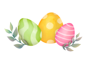 tarjeta con plantas, sucursales, huevos. contento Pascua de Resurrección saludo tarjeta. brillante linda clipart, pascual ilustración en transparente antecedentes en acuarela mano dibujado estilo png