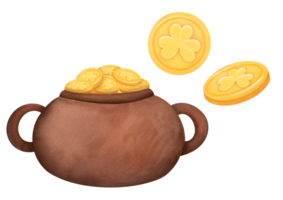 magic pot with gold coins with image of clover. Watercolor illustration on transparent background for Irish holiday of St. Patrick's Day on March 17. clipart and cut out elements png
