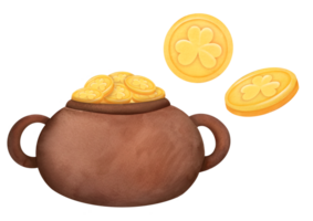 magie pot met goud munten met beeld van Klaver. waterverf illustratie Aan transparant achtergrond voor Iers vakantie van st. Patrick dag Aan maart 17. clip art en besnoeiing uit elementen png