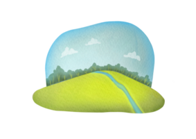 Hand gezeichnet Aquarell süß Landschaft Komposition mit Grün Frühling, Sommer- Rasen, Wiese, Himmel, Wald Silhouette, Fluss. klar sonnig Tag Clip Kunst, Schnitt aus Illustration auf transparent Hintergrund png