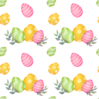seamless pattern with plants, branches, eggs. happy Easter greeting card. bright cute Clipart, Paschal illustration on transparent background in watercolor style. Christian church holiday Easter png