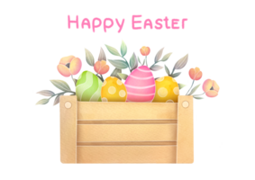 watercolor delicate Happy Easter Greeting card. handwritten text basket, box with spring flowers and brightly colored Easter eggs. Illustration on  transparent background png