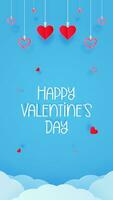 Happy Valentine's Day Greeting In A Romantic Blue Cloudscape Decorated With Fluffy Clouds and Heartstrings Vector Design