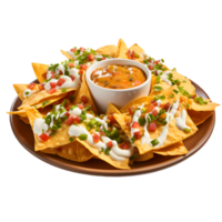 ai généré assiette de Nachos avec fromage tremper sur transparent Contexte png image