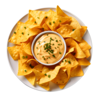 ai généré assiette de Nachos avec fromage tremper sur transparent Contexte png image