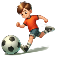 ai gerado uma Garoto chutes uma bola. desenho animado estilo. em transparente fundo png