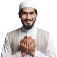 ai généré une musulman homme avec prier mains pose avec une souriant visage png