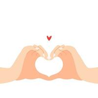 Beautiful hands making a heart shape to express feeling of love cartoon flat vector illustration isolated on white background. Sending romantic feeling with mini heart. Happy Valentine's Day.