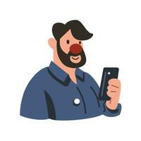 un hombre utilizando su teléfono inteligente linda plano vector ilustración. retrato de un hombre utilizando móvil teléfono para comunicación, social medios de comunicación, móvil Internet y ninguna negocio.