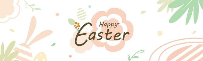 Happy Easter pastel banner with floral, leaves, text and eggs element on white background. Web banner. Greeting for Easter Day vector