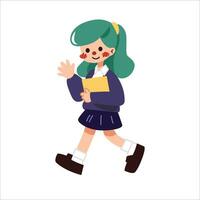 A cute girl walking to school with school uniform white isolated background flat vector illustration. Welcome back to school concept.