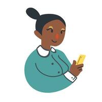 un mujer utilizando su teléfono inteligente linda plano vector ilustración. retrato de mujer utilizando móvil teléfono para comunicación, social medios de comunicación, móvil Internet y ninguna negocio.