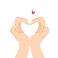 Beautiful hands making a heart shape to express feeling of love cartoon flat vector illustration isolated on white background. Sending romantic feeling with mini heart. Happy Valentine's Day.