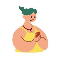 A woman using their smartphone cute flat vector illustration. Portrait of woman using mobile phone for communication, social media, mobile internet and any business.