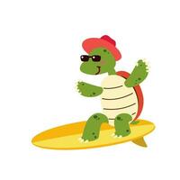 A cute tortoise surfing cartoon character for children scrapbook decorating isolated flat vector illustration. Hello sumretime. Happy vacation on the beach.