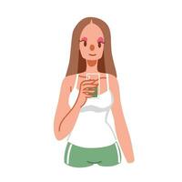 un mujer Bebiendo Fruta y vegetal zalamero casero a hogar. un mujer dieta con limpiar comiendo para su salud plano vector ilustración. un mujer disfrutar Mediterráneo dieta con sano alimento.