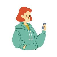 un mujer utilizando su teléfono inteligente linda plano vector ilustración. retrato de mujer utilizando móvil teléfono para comunicación, social medios de comunicación, móvil Internet y ninguna negocio.