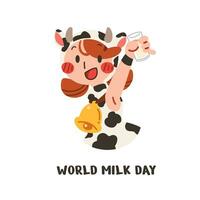 Let's drink milk with lovely cow girl mascot flat vector illustration. Nationl Milk Day. A cheerful cow woman celebrating and enjoy drinking a glass of white milk for healthy.