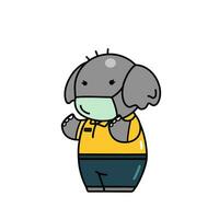 A cute elephant wearing sanitary mask prevent coronavirus, flu, dust cartoon character with black outline flat vector illustration isolated on white background.