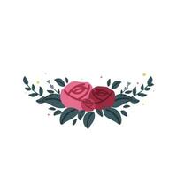 Set of beautiful red violet and pink roses arrangement with green leaves and isolated vector on white background. Colorful floral element for wedding, greeting card design or graphic decoration.