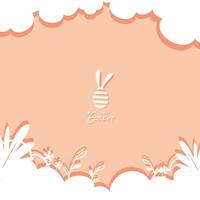 Happy Easter greeting card card design on pink background decorated with floral, leaves, Easter egg with rabbit ears, cloud with Happy Easter typography flat vector illustration.