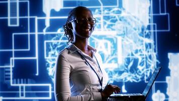 Portrait of happy engineer updating AI systems, writing intricate binary code scripts on laptop. Computer scientist using programming to upgrade artificial intelligence simulation model photo