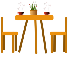 a table and chairs with two cups of coffee and a plant on it png
