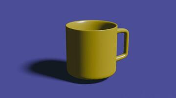 3d hacer de taza, realista 3d amarillo jarra en púrpura antecedentes foto