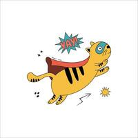 A cute cat in a comic costume flies in the air. vector