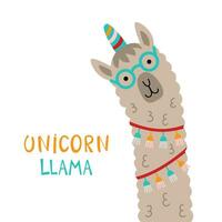 Cute llama faces with UNICORN LLAMA phrase. vector