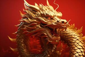 AI generated Golden Dragon Sculpture on Red Background for Lunar New Year photo