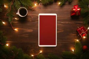 AI generated Festive Holiday Mockup with Tablet and Christmas Decor photo