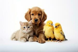 ai generado adorable cachorro, gatito, y polluelos juntos en blanco antecedentes foto