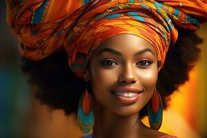 AI generated Joyful Woman with Vibrant African Headwrap and Earrings photo