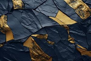 ai generado lujoso oro las venas en texturizado azul Roca superficie foto