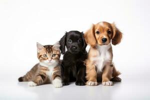 ai generado gatito y cachorros posando juntos en blanco foto