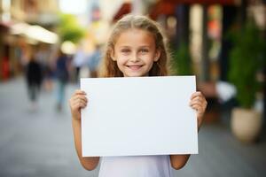 ai generado niña participación blanco letrero en ocupado calle foto